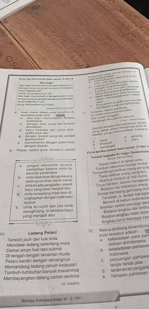 Puísi berikut untuk soal nomor 8 dan 9   
Aku Ingin
kota unrui deunl
Aku Ing in men cirta im u den ga n sed e h o  ne 
kayu kepada apl dengan kata yang tak sempat diucapkan h Ladang tan menghatsiain bahi 
pangan yung berkualiüis
e Ladang taní merjadi tumpuan
y a ng m enjad kanoya a b u 
hidup masyauakat di pedosan.
Aku Ingin mencintalmu dangan vederana
d Hasd tadang lani yang herancks
w o n  k ea da   h e      dengon isyarst yaing bskowimpul disompalus 
ragar monyefahtaraian mazys
mkat
yung menjadlicnnya tlada
o Fem petani di podesãon memila
(Sapardi Dioko Damons) kehidupón vạng memprhatn ig 
8. Imaji visual dalam pulxi tersebut di
11. Tuhanku, dasem termangu
tunjukkan pada lenk cha iru masih menyebut namau
a aku ingin mencintaimu dengan blar sußah sunggüh
mengingät Kau penüf selurüh
(''Lios'', Chairl Aman
b dengan kata yang tak sempat
diucapian
Jikoi bait tensobut dimusikalisasi, musk
yang cocok untuk mengiringl puisi itu
c kayu kepada api yang men 
j   dik anny a ab u 
d. dongan isyart yang tak sempat
adalah yang menunjukkan suasana
dismpaikan d senang
e mencintaimu dengan soderhana
a riang e haru
dengan isyarat
b khusyuk
c semangat
Puisi berikut untuk soal nomor 12 dan 1
9 Pesan dalam puisi tersebut adalah
Teratal kepada Ki Hajar Dewantoro
Karya: Sanusi Pane
a jangan mencintal secara Dalam kebun di tanah airku
berfebihan karena cinta itu Tumbuh sekuntum bunga teratai
bersifat sementara
Tersembunyi terlihat orang yang la
b cinta tidak bisa diduga karena Tiada terlihat orang yang lalu
datangnya bisa cepat sekali Akamya tumbuh di hati dunia
C cinta itu ada yang palsu, seperti Daun berseri, laksmi mengaran
kayu yang bisa menjadi abu
Biarpun dia diabaikan orang
d cinta terkadang tidak bisa di
Seroja kembang gemilang mu!
ungkapkan dengan kata atau Teruslah o, teratai bahagia
isyarat
Berseri di kebun Indonesia
e cinta itu rumit dan jīka cinta
Biarkan sedikit penjaga tam
menghilang, ia laksana kayu
Biarpun engkau tak terliha
yang menjadi abu
Biarpun engkau tidak dimir
Engkau turut menjaga zam
12. Makna lambang fersembuny
10 Ladang Petani
pulsi tersebut adalah
Tersisih jauh dari luar kota
a keberadaan para pah
Mendatar ladang setentang mata
didikan di Indonesia
Damai aman hati dan sukma
b. keteladanan pahlawar
Di tengah-tengah tanaman muda
Indonesia
Petani berdiri dengan senangnya
c perjuangan pahlawa
Memandang ladang penuh kejayaan
tanpa tanda jasa
Tumbuh-tumbuhan banyak macamnya
Membayangkan datang zaman sentosa d. tanaman airyang jara
e harapan pahlawan
(A. Hasjim)
Bahasa Indonesia Kelas XI - 2 / PN