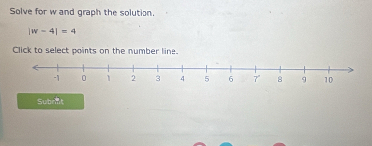 Solve for w and graph the solution.
|w-4|=4
Click to select points on the number line. 
Subrat