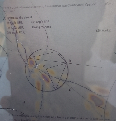 TVET Curriculum Development, Assessment and Certification Council Nov. / 
Dec 2021 
(a) Calcul 
(i) ang 
(ii) aug 
(iiii) an(20 Marks) 
A plane leaves airstrip i and flies on a bearing of 040° to airstrip M. 500 km a way