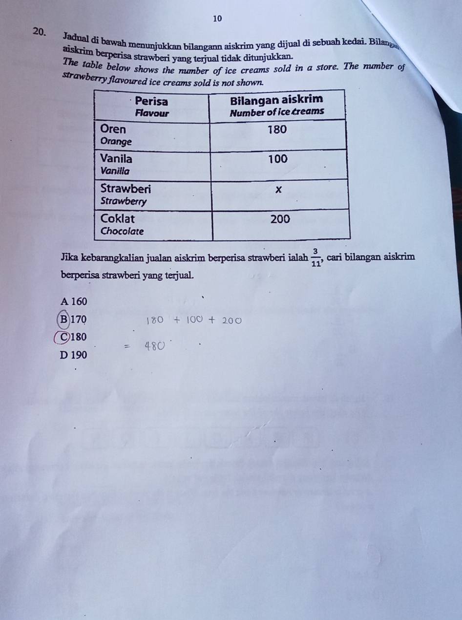 10
20. Jadnal di bawah menunjukkan bilangann aiskrim yang dijual di sebuah kedai. Bilang
aiskrim berperisa strawberi yang terjual tidak ditunjukkan.
The table below shows the number of ice creams sold in a store. The number of
strawberry flavoured ice creams sold is not shown.
Jika kebarangkalian jualan aiskrim berperisa strawberi ialah  3/11  , cari bilangan aiskrim
berperisa strawberi yang terjual.
A 160
B 170
C180
D 190