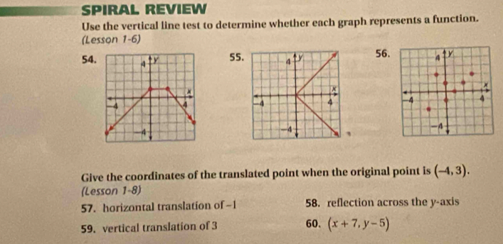 SPIRAL REVIEW 
Use the vertical line test to determine whether each graph represents a function. 
(Lesson 1-6) 
54.5556. 

Give the coordinates of the translated point when the original point is (-4,3). 
(Lesson 1-8) 
57. horizontal translation of -1 58. reflection across the y-axis 
59. vertical translation of 3 60. (x+7,y-5)