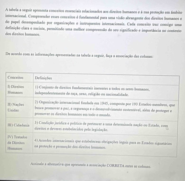 A tabela a seguir apresenta conceitos essenciais relacionados aos direitos humanos e á sua proteção em âmbito 
internacional. Compreender esses conceitos é fundamental para uma visão abrangente dos direitos humanos e 
do papel desempenhado por organizações e instrumentos internacionais. Cada conceito traz consigo uma 
definição clara e sucinta, permitindo uma melhor compreensão do seu significado e importância no contexto 
dos direitos humanos. 
De acordo com as informações apresentadas na tabela a seguir, faça a associação das colunas: 
Assinale a alternativa que apresenta a associação CORRETA entre as colunas.