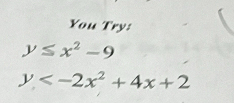 You Try:
y≤ x^2-9
y