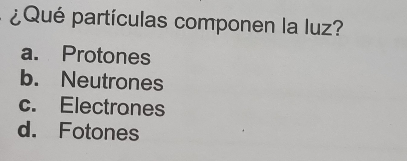 ¿Qué partículas componen la luz?
a. Protones
b. Neutrones
c. Electrones
d. Fotones