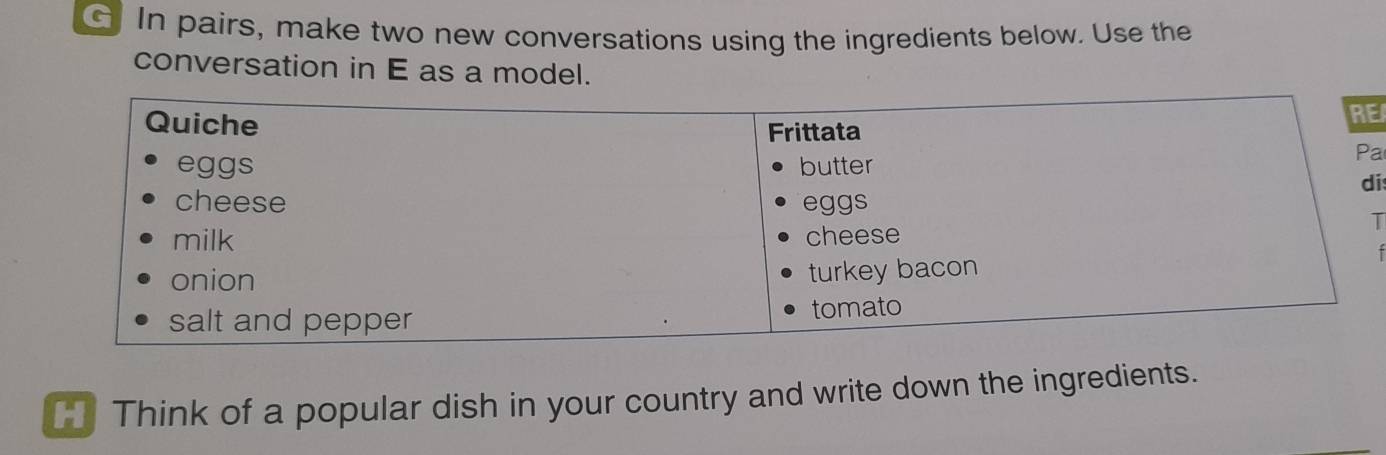 In pairs, make two new conversations using the ingredients below. Use the 
conversation in E as a model. 
E 
a 
i 
T 
H Think of a popular dish in your country and write down the ingredients.