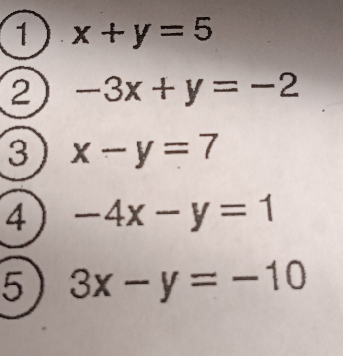 1 x+y=5
2 -3x+y=-2
3 x-y=7
4 -4x-y=1
5 3x-y=-10