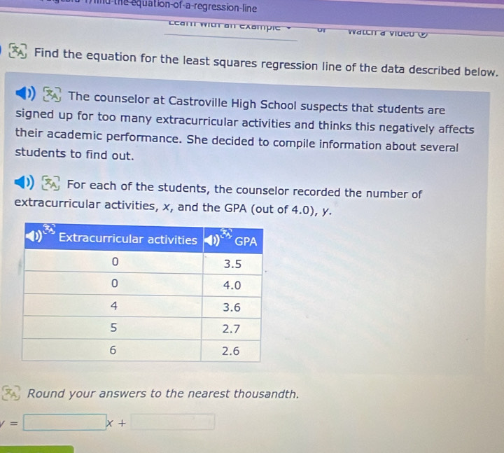 ind the equation-of-a-regression-line
Lear with an example UT  W  at ch a vde u   o 
Find the equation for the least squares regression line of the data described below.
The counselor at Castroville High School suspects that students are
signed up for too many extracurricular activities and thinks this negatively affects
their academic performance. She decided to compile information about several
students to find out.
For each of the students, the counselor recorded the number of
extracurricular activities, x, and the GPA (out of 4.0), y.
Round your answers to the nearest thousandth.
=□ x+□