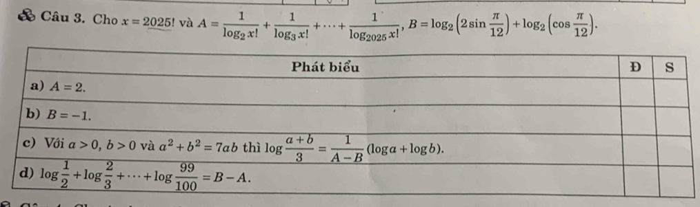 Cho x=2025! và A=frac 1log _2x!+frac 1log _3x!+·s +frac 1log _2025x!,B=log _2(2sin  π /12 )+log _2(cos  π /12 ).