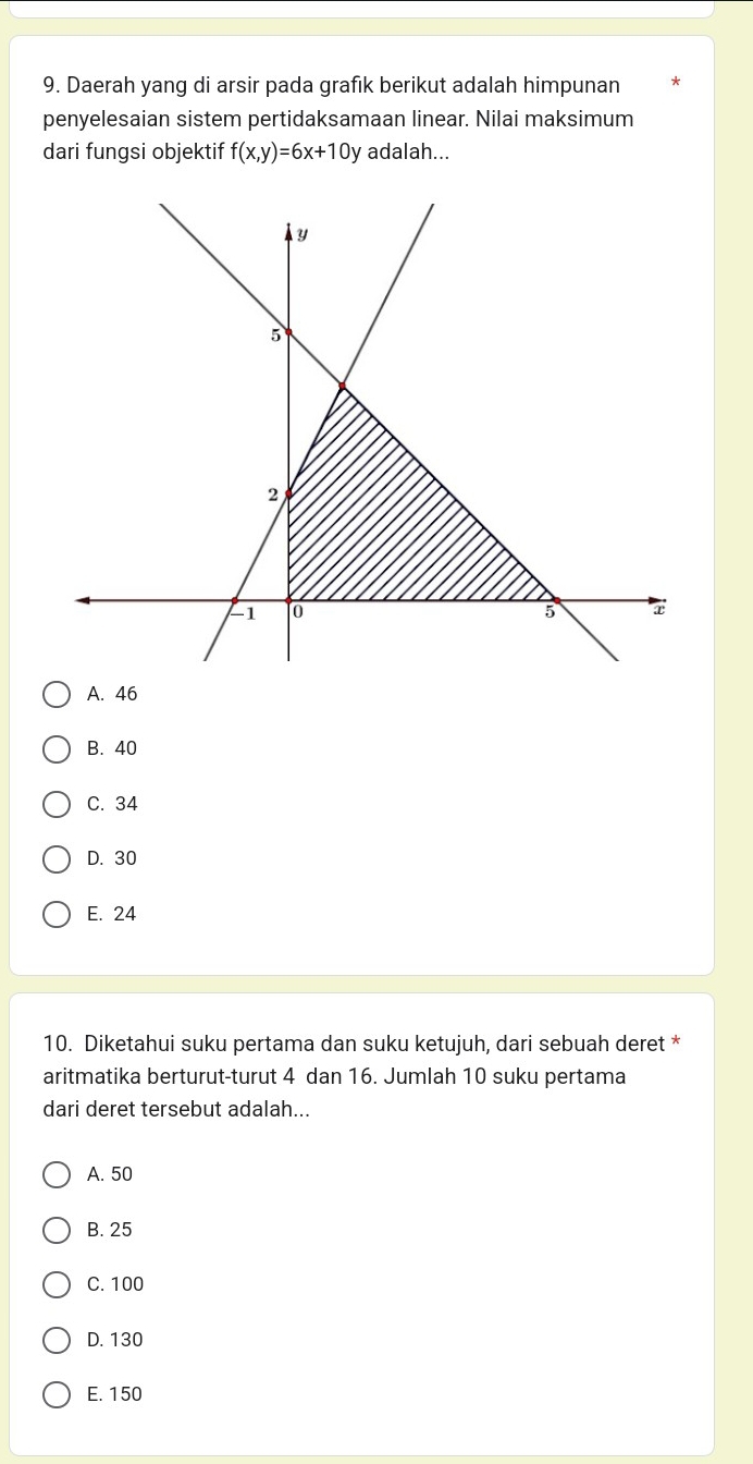 Daerah yang di arsir pada grafik berikut adalah himpunan
penyelesaian sistem pertidaksamaan linear. Nilai maksimum
dari fungsi objektif f(x,y)=6x+10y adalah...
A. 46
B. 40
C. 34
D. 30
E. 24
10. Diketahui suku pertama dan suku ketujuh, dari sebuah deret *
aritmatika berturut-turut 4 dan 16. Jumlah 10 suku pertama
dari deret tersebut adalah...
A. 50
B. 25
C. 100
D. 130
E. 150