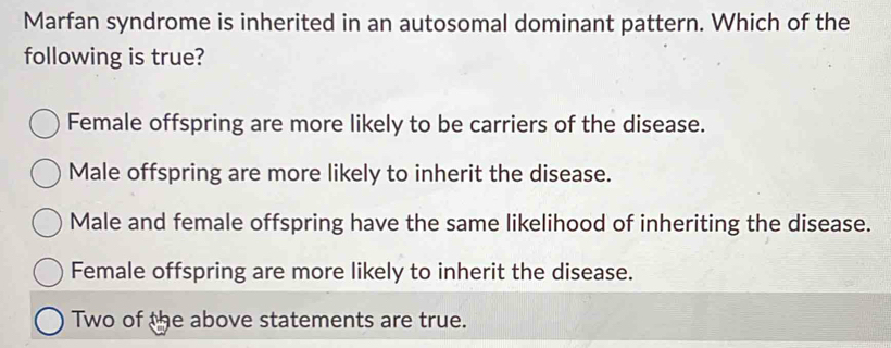 Solved: Marfan syndrome is inherited in an autosomal dominant pattern ...