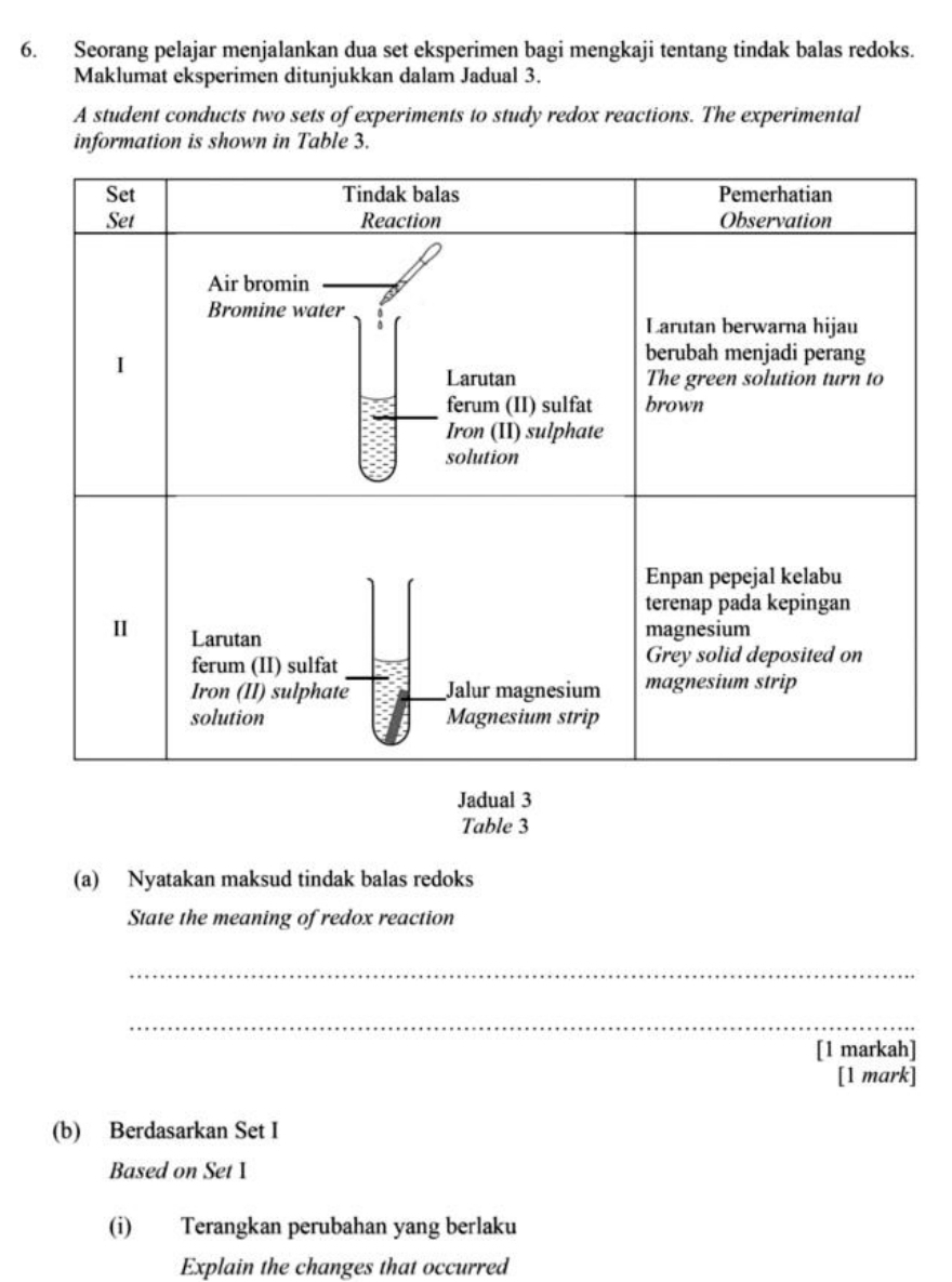 Seorang pelajar menjalankan dua set eksperimen bagi mengkaji tentang tindak balas redoks. 
Maklumat eksperimen ditunjukkan dalam Jadual 3. 
A student conducts two sets of experiments to study redox reactions. The experimental 
information is shown in Table 3. 
Jadual 3 
Table 3 
(a) Nyatakan maksud tindak balas redoks 
State the meaning of redox reaction 
_ 
_ 
[1 markah] 
[1 mark] 
(b) Berdasarkan Set I 
Based on Set 1 
(i) Terangkan perubahan yang berlaku 
Explain the changes that occurred