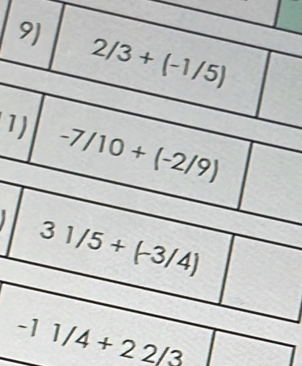 2/3+(-1/5)
1) -7/10+(-2/9)
31/5+(-3/4)
-11/4+22/3