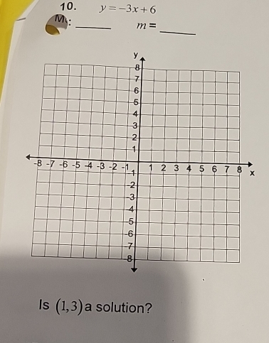 y=-3x+6
M
_ 
_
m=
Is (1,3) a solution?