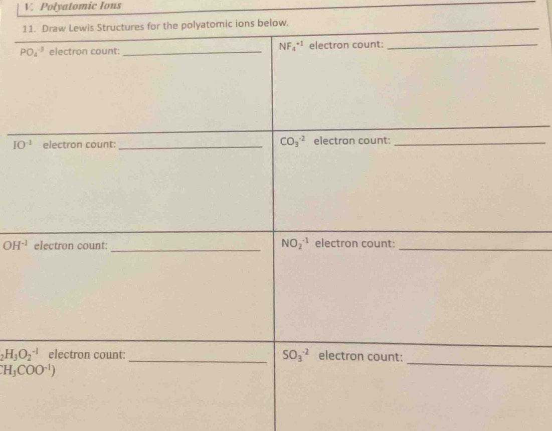 Polyatomic Ions
OH^(-1)
_2H_3O_2^(-1)