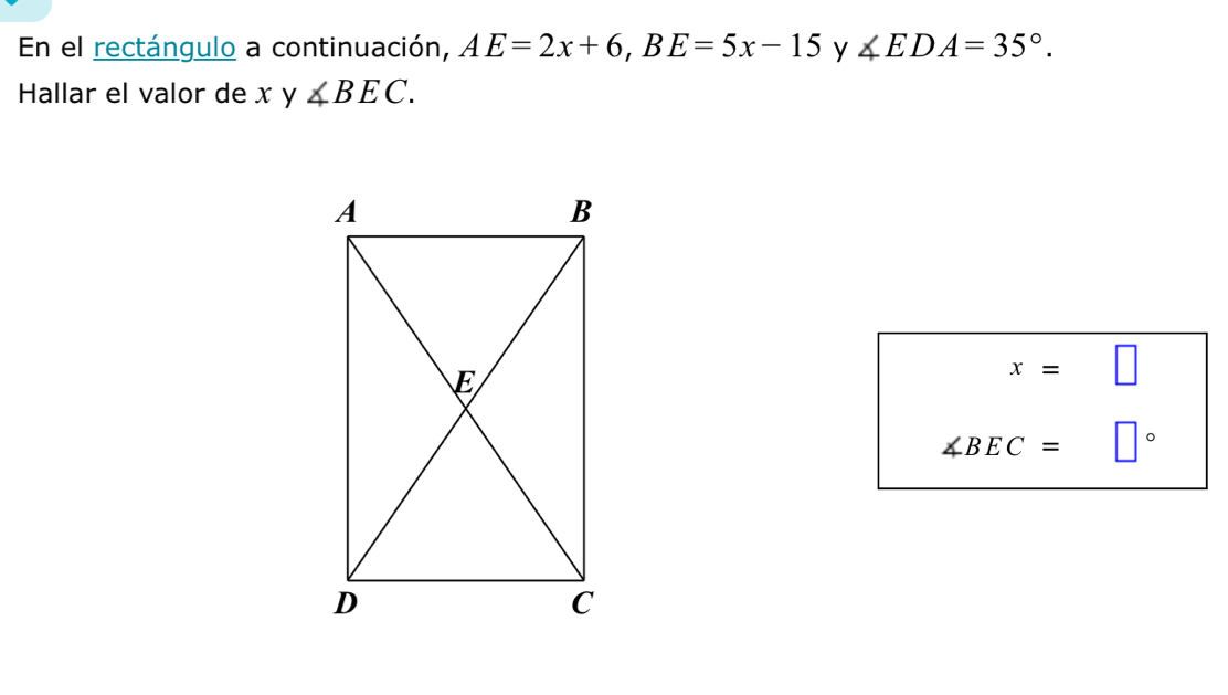 En el rectángulo a continuación, AE=2x+6, BE=5x-15 y ∠ EDA=35°. 
Hallar el valor de x y∠ BEC.
x=□
∠ BEC=□°