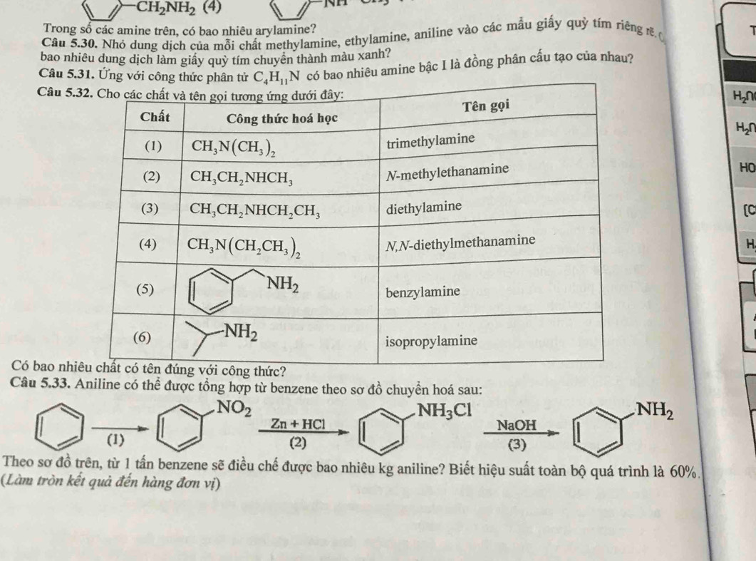 CH_2NH_2 (4)
NH
Trong số các amine trên, có bao nhiêu arylamine? T
Câu 5.30. Nhỏ dung dịch của mỗi chất methylamine, ethylamine, aniline vào các mẫu giấy quỷ tím riêng r 
bao nhiêu dung dịch làm giấy quỷ tím chuyên thành màu xanh?
Câu 5.31. Ứng với công thức phân tử C_4H_11N có bao nhiêu amine bậc I là đồng phân cấu tạo của nhau?
Câu 5.
H_2∩
H_2∩
HO
[C
H
Có bao nh
Câu 5.33. Aniline có thể được tổng hợp từ benzene theo sơ đồ chuyển hoá sau:
NO_2
NH_3Cl
NH_2
 (Zn+HCl)/(2) 
NaOH
(1) (3)
Theo sơ đồ trên, từ 1 tấn benzene sẽ điều chế được bao nhiêu kg aniline? Biết hiệu suất toàn bộ quá trình là 60%.
(Làm tròn kết quả đến hàng đơn vị)