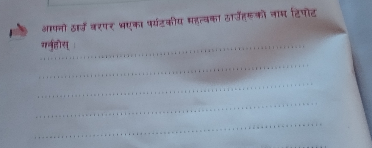 आफ्नो ठाउँ वरपर भएका पर्यटकीय महत्वका ठाउँहरूको नाम टिपोट 
_ग्नुहोस् 
_ 
_ 
_ 
_