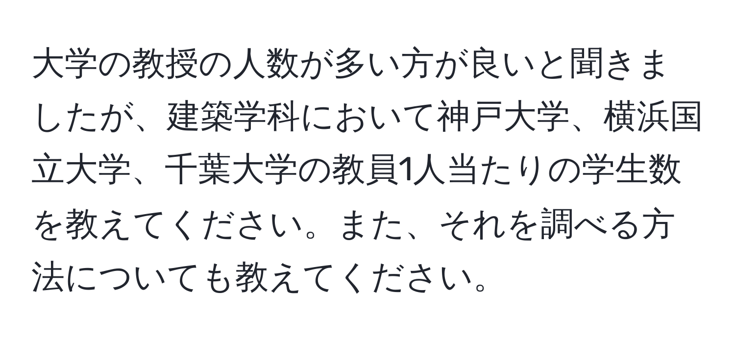 大学の教授の人数が多い方が良いと聞きましたが、建築学科において神戸大学、横浜国立大学、千葉大学の教員1人当たりの学生数を教えてください。また、それを調べる方法についても教えてください。