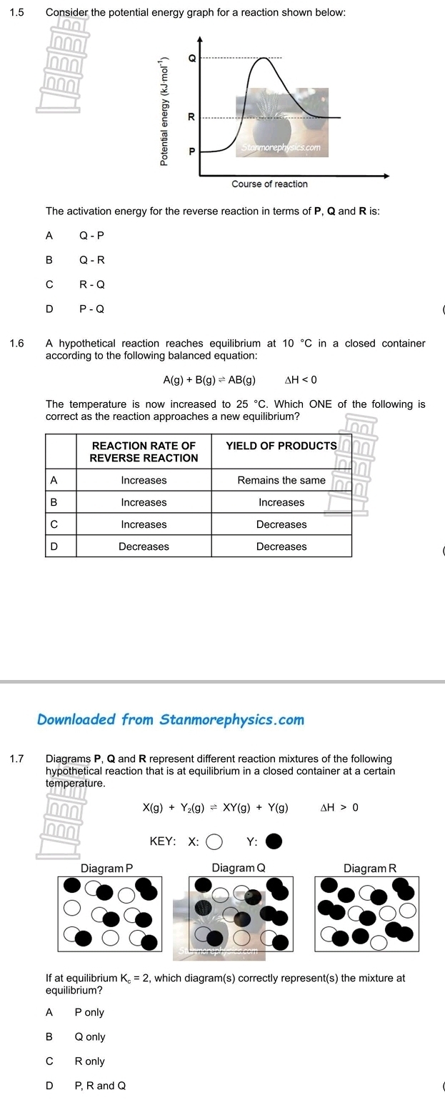 1.5 Consider the potential energy graph for a reaction shown below:
The activation energy for the reverse reaction in terms of P, Q and R is:
A Q-P

B Q-R
C R-Q
D
1.6 A hypothetical reaction reaches equilibrium at 10°C in a closed container
according to the following balanced equation:
A(g)+B(g)leftharpoons AB(g) △ H<0</tex> 
The temperature is now increased to 25°C. . Which ONE of the following is
correct as the reaction approaches a new equilibrium?
Downloaded from Stanmorephysics.com
1.7 Diagrams P, Q and R represent different reaction mixtures of the following
hypothetical reaction that is at equilibrium in a closed container at a certain
temperature.
X(g)+Y_2(g)leftharpoons XY(g)+Y(g) △ H>0
KEY:X:bigcirc Y :
Diagram P Diagram Q Diagram R
If at equilibrium K_c=2 , which diagram(s) correctly represent(s) the mixture at
equilibrium?
A P only
B Q only
C R only
D P, R and Q