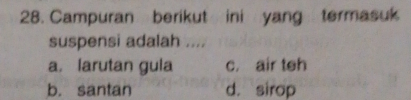 Campuran berikut ini yang termasuk
suspensi adalah ....
a. larutan gula c. air teh
b. santan d. sirop