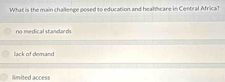 What is the main challenge posed to education and healthcare in Central Africa?
no medical standards
lack of demand
limited access