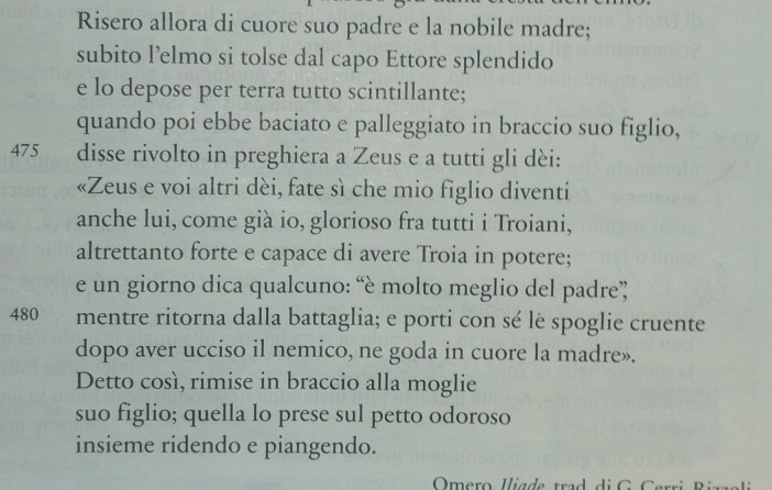 Risero allora di cuore suo padre e la nobile madre; 
subito l’elmo si tolse dal capo Ettore splendido 
e lo depose per terra tutto scintillante; 
quando poi ebbe baciato e palleggiato in braccio suo figlio,
475 disse rivolto in preghiera a Zeus e a tutti gli dèi: 
«Zeus e voi altri dèi, fate sì che mio figlio diventi 
anche lui, come già io, glorioso fra tutti i Troiani, 
altrettanto forte e capace di avere Troia in potere; 
e un giorno dica qualcuno: “è molto meglio del padre?
480 mentre ritorna dalla battaglia; e porti con sé lė spoglie cruente 
dopo aver ucciso il nemico, ne goda in cuore la madre». 
Detto così, rimise in braccio alla moglie 
suo figlio; quella lo prese sul petto odoroso 
insieme ridendo e piangendo. 
Omero l ia d e trad d i G C rr