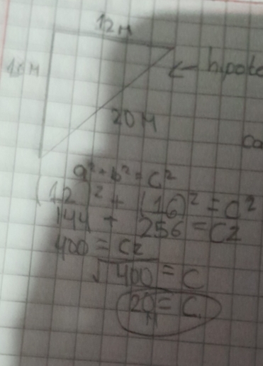 hpok 
201 
Ca
a^2+b^2=c^2
42^2+(16)^2=c^2
144+256=c2
400=Cz
sqrt(400)=c
2Q=C