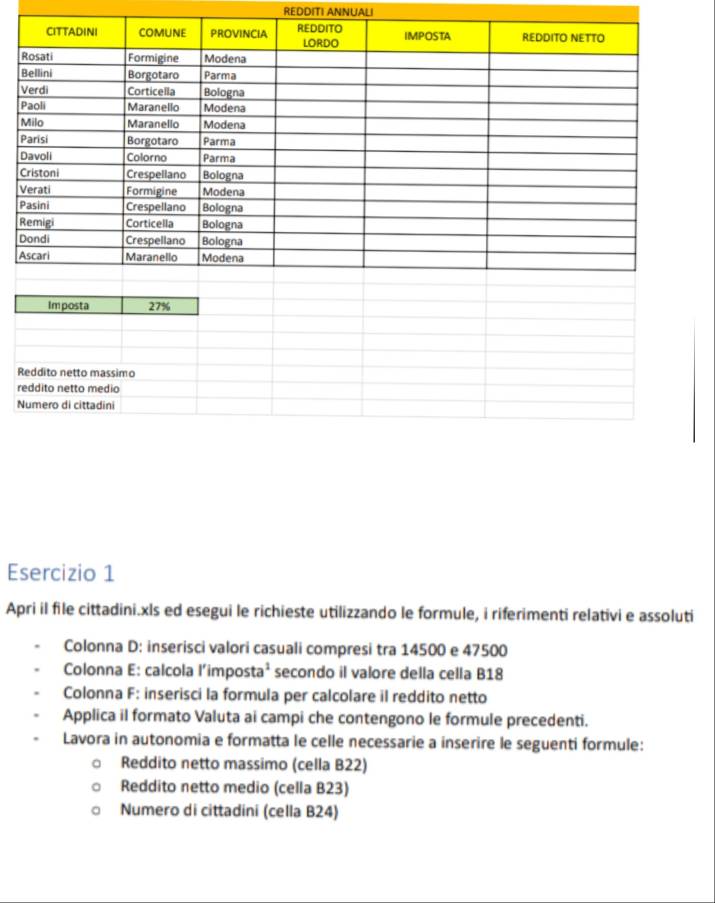 REDDITI ANNUALI 
R 
B 
V 
P 
M 
P 
D 
C 
V 
P 
R 
D 
A 
R 
re 
N 
Esercizio 1 
Apri il file cittadini.xls ed esegui le richieste utilizzando le formule, i riferimenti relativi e assoluti 
Colonna D: inserisci valori casuali compresi tra 14500 e 47500
Colonna E: calcola l’impos ta^1 secondo il valore della cella B18 
Colonna F: inserisci la formula per calcolare il reddito netto 
Applica il formato Valuta ai campi che contengono le formule precedenti. 
Lavora in autonomia e formatta le celle necessarie a inserire le seguenti formule: 
Reddito netto massimo (cella B22) 
Reddito netto medio (cella B23) 
Numero di cittadini (cella B24)