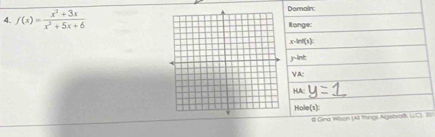 f(x)= (x^2+3x)/x^2+5x+6 
Domain: 
Range:
x -int(s): 
yint 
VA: 
HA: 
Hole(s): 
# Gina Wison (Al Thingi Algebraß, UC), 201