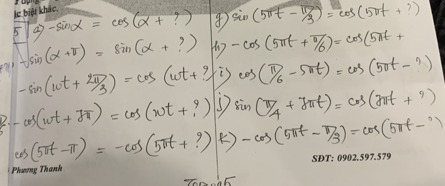 Giải quyết:5|a>-sin alpha =cos (alpha +?) ④ sin (5π t- π /3 )=cos (5π ...