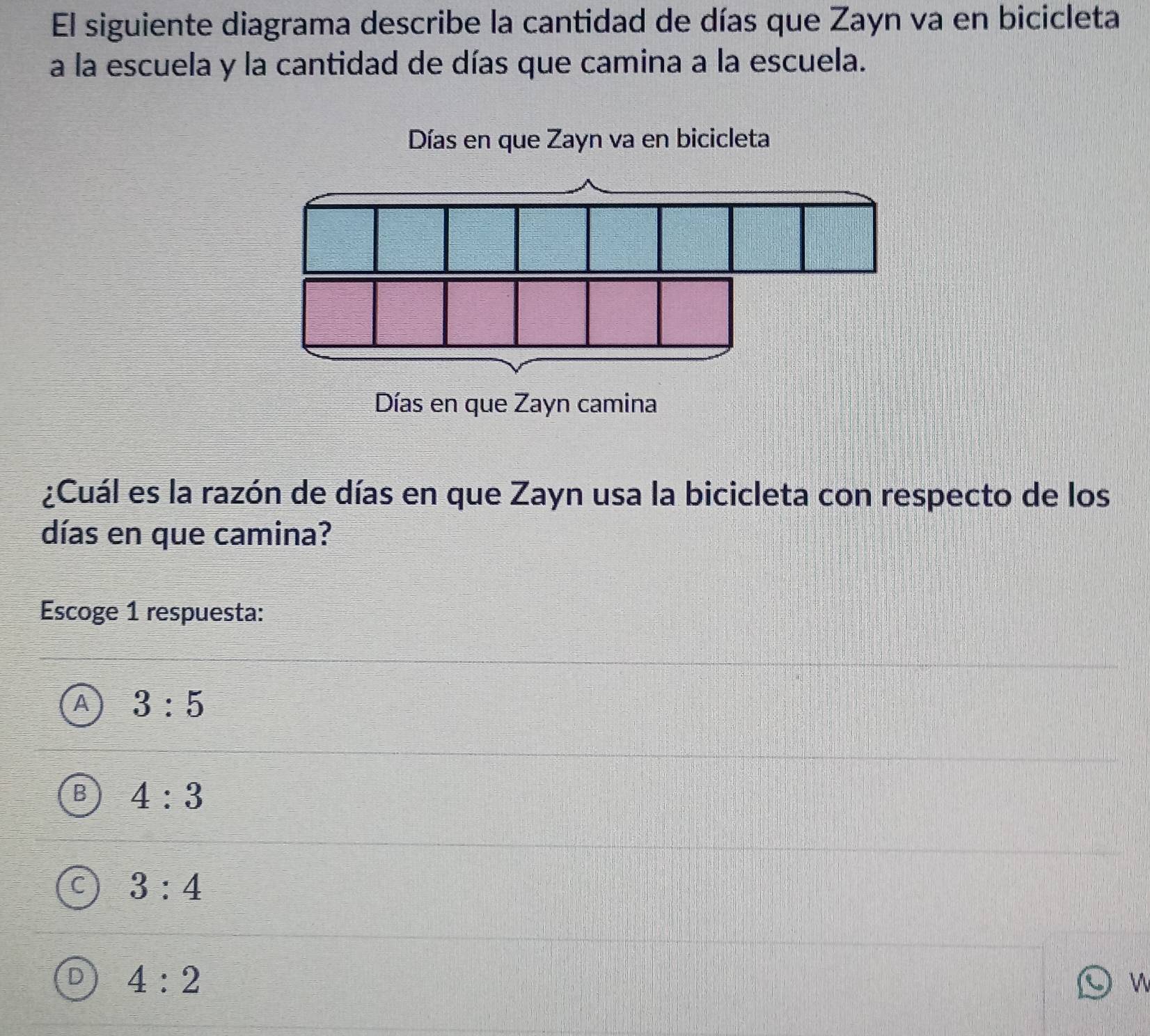 El siguiente diagrama describe la cantidad de días que Zayn va en bicicleta
a la escuela y la cantidad de días que camina a la escuela.
Días en que Zayn va en bicicleta
Días en que Zayn camina
¿Cuál es la razón de días en que Zayn usa la bicicleta con respecto de los
días en que camina?
Escoge 1 respuesta:
A 3:5
P 4:3
C 3:4
4:2
W