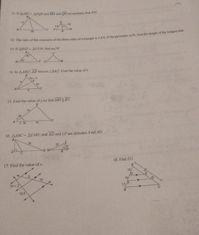 If △ ABC=△ PQR and overline BM and overline ON are medians, find BM
 
12. The ratio of the measures of the three sides of a triangle is 3:4:6. If the perimeter is 91, find the length of the longest side
13. If △ RSTsim △ UVW , find m∠ W.
14. In △ ABC,overline AX bisects ∠ BAC Find the value of x
15. Find the value of y so that overline MN||overline BC.
16. △ ABCsim △ LMN , and overline AD and LP are altitudes Find AD.
18. Find EG.
17. Find the value of x.