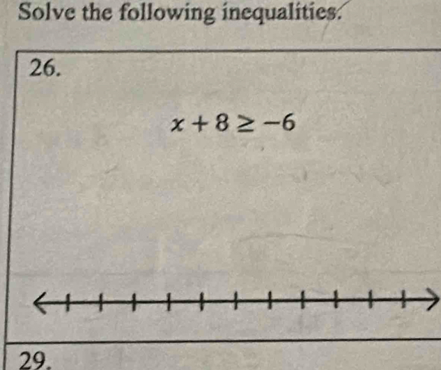 Solve the following inequalities. 
26.
x+8≥ -6
29.