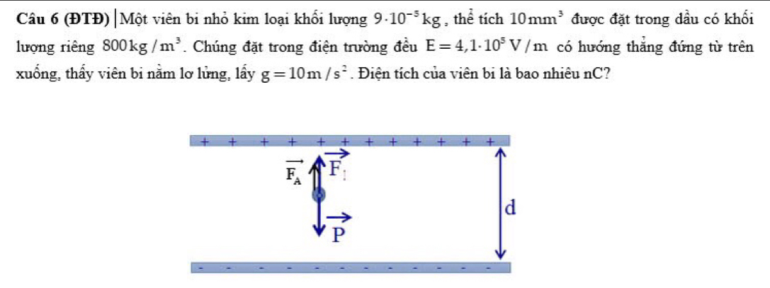 (ĐTĐ)|Một viên bi nhỏ kim loại khối lượng 9· 10^(-5)kg , thể tích 10mm^3 được đặt trong dầu có khối
lượng riêng 800kg/m^3. Chúng đặt trong điện trường đều E=4,1· 10^5V/m có hướng thắng đứng từ trên
xuống, thẩy viên bi nằm lơ lửng, lấy g=10m/s^2. Điện tích của viên bi là bao nhiêu nC?