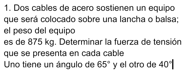 Dos cables de acero sostienen un equipo 
que será colocado sobre una lancha o balsa; 
el peso del equipo 
es de 875 kg. Determinar la fuerza de tensión 
que se presenta en cada cable 
Uno tiene un ángulo de 65° y el otro de 40°|