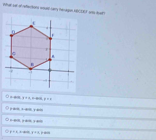 What set of reflections would carry hexagon ABCDEF onto itself?
x-axis, y=x, x-axis, y=x
y-axis, x-axis, y-axis
x-axis, y-axis, y-axis
y=x , x-axis, y=x , y-axis