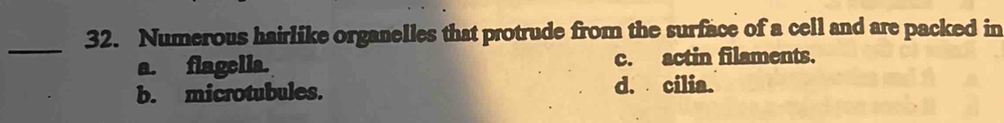 Numerous hairlike organelles that protrude from the surface of a cell and are packed in
a. flagelia. c. actin filaments.
b. microtubules. d. cilia.
