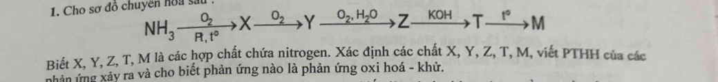 Cho sơ đồ chuyền hoa sau :
NH_3xrightarrow O_2Xxrightarrow O_2 -1 xrightarrow O_2,H_2OZ KOH Txrightarrow t°M
Biết X, Y, Z, T, M là các hợp chất chứa nitrogen. Xác định các chất X, Y, Z, T, M, viết PTHH của các 
nhản ứng xảy ra và cho biết phản ứng nào là phản ứng oxi hoá - khử.