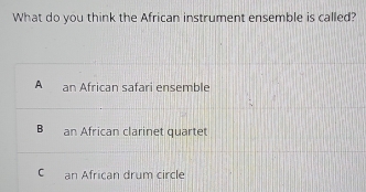 What do you think the African instrument ensemble is called?
A an African safari ensemble
B an African clarinet quartet
C an African drum circle