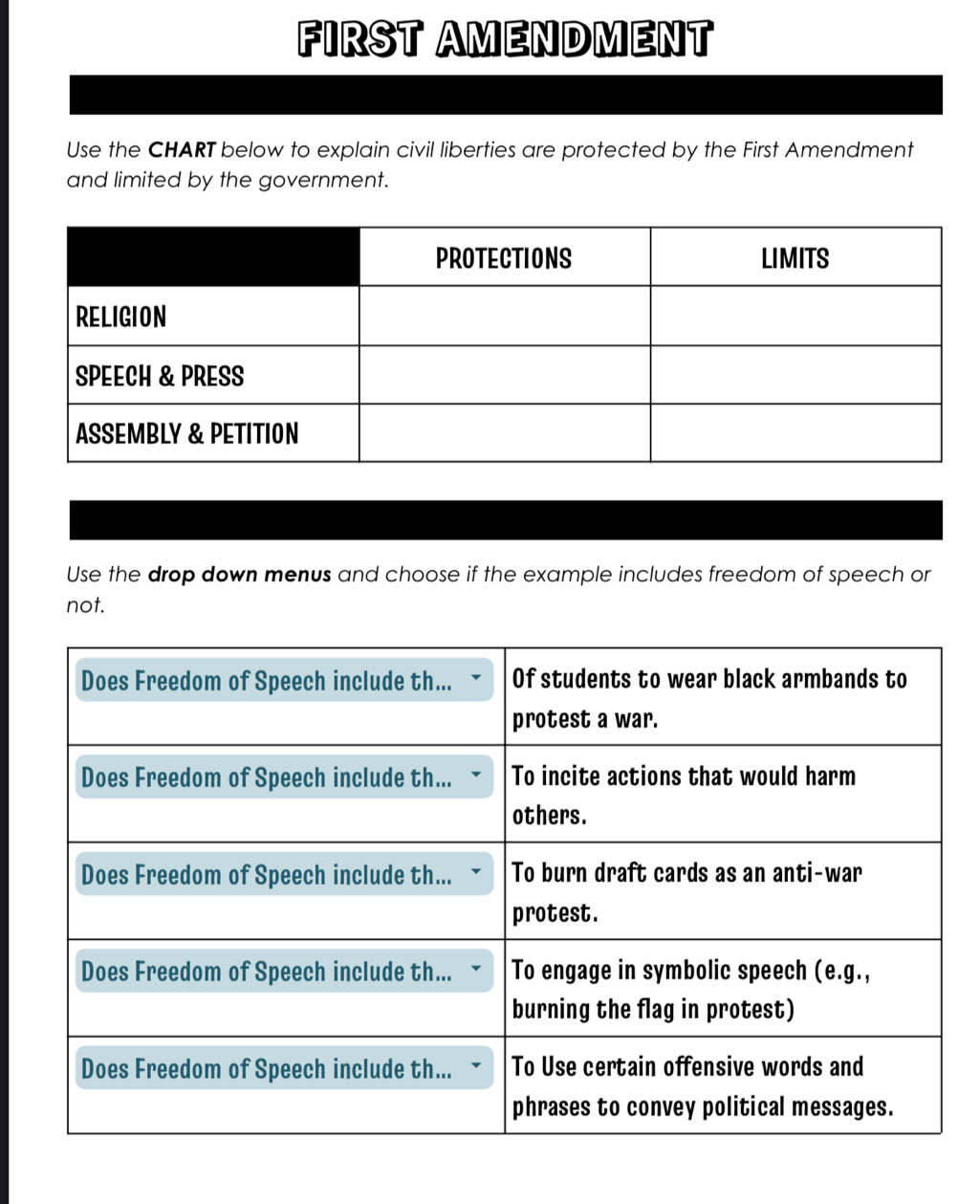 FIRST AMENDMENT 
Use the CHART below to explain civil liberties are protected by the First Amendment 
and limited by the government. 
Use the drop down menus and choose if the example includes freedom of speech or 
not.