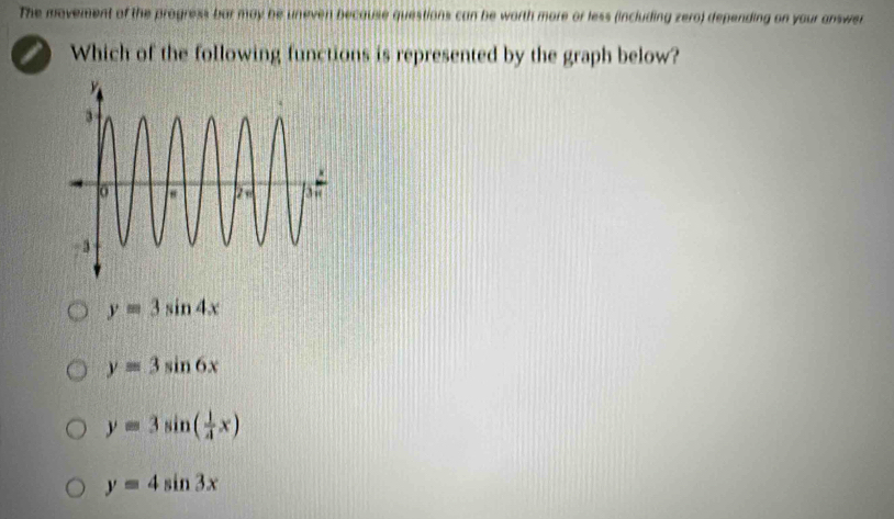 The movement of the progress bar may be uneven because questions can be worth more or less (including zero) depending on your answer
Which of the following functions is represented by the graph below?
y=3sin 4x
y=3sin 6x
y=3sin ( 1/4 x)
y=4sin 3x