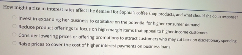 Solved: How might a rise in interest rates affect the demand for Sophia ...