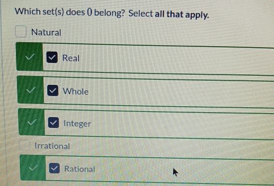 Which set(s) does ( belong? Select all that apply.
Natural
Real
Whole
Integer
Irrational
Rational