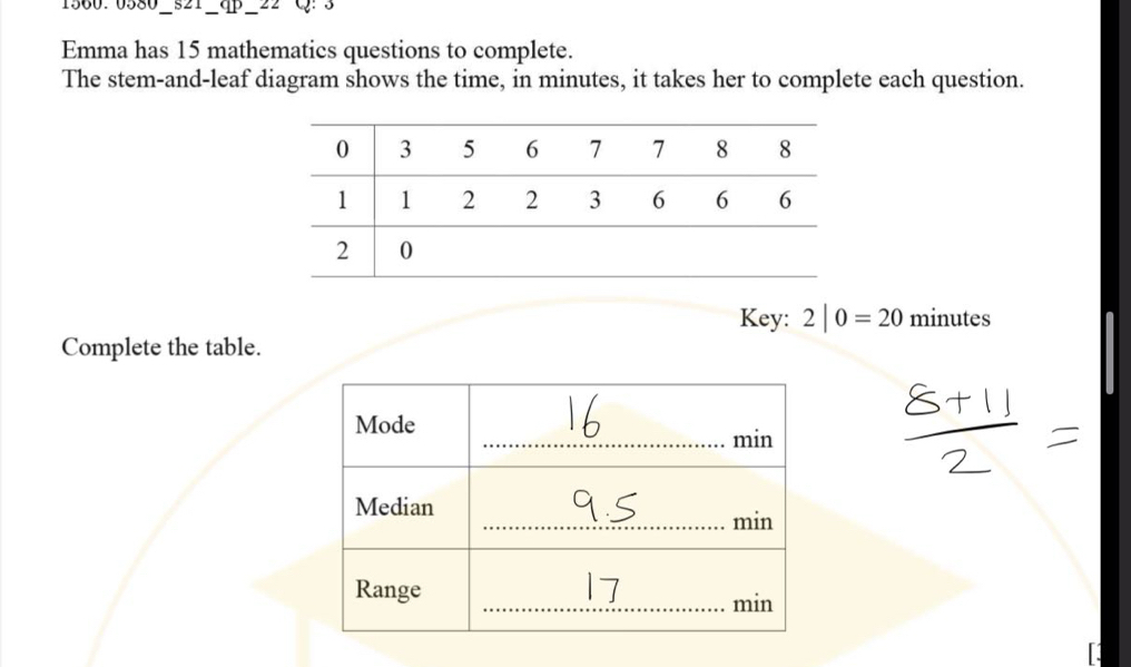 1560.0580_s21 _ 15 mathematics questions to complete. 
The stem-and-leaf diagram shows the time, in minutes, it takes her to complete each question. 
Key: 2|0=20 1 min utes 
Complete the table.