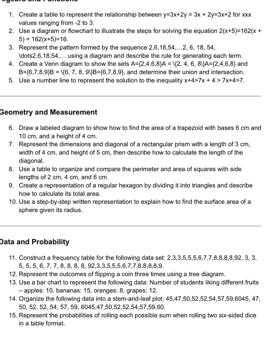 Create a table to represent the relationship between y=3x+2y=3x+2y=3x+2 for xxx
values ranging from -2 to 3.
2. Use a diagram or flowchart to illustrate the steps for solving the equation 2(x+5)=162(x+
5)=162(x+5)=16.
3. Represent the pattern formed by the sequence 2,6,18,54,.2, 6, 18, 54,
dots2,6,18,54,... using a diagram and describe the rule for generating each term.
4. Create a Venn diagram to show the sets A= 2,4,6,8 A= 2,4,6,8| A= 2,4,6,8 and
B= 6,7,8,9 B= 6,7,8,9 B= 6,7,8,9 , and determine their union and intersection.
5. Use a number line to represent the solution to the inequality x+4>7x+4>7x+4>7.
Geometry and Measurement
6. Draw a labeled diagram to show how to find the area of a trapezoid with bases 6 cm and
10 cm, and a height of 4 cm.
7. Represent the dimensions and diagonal of a rectangular prism with a length of 3 cm,
width of 4 cm, and height of 5 cm, then describe how to calculate the length of the
diagonal.
8. Use a table to organize and compare the perimeter and area of squares with side
lengths of 2 cm, 4 cm, and 6 cm.
9. Create a representation of a regular hexagon by dividing it into triangles and describe
how to calculate its total area.
10. Use a step-by-step written representation to explain how to find the surface area of a
sphere given its radius.
Data and Probability
11. Construct a frequency table for the following data set: 2,3,3,5,5,5,6,7,7,8,8,8,8,92, 3, 3,
5, 5, 5, 6, 7, 7, 8, 8, 8, 8, 92,3,3,5,5,5,6,7,7,8,8,8,8,9.
12. Represent the outcomes of flipping a coin three times using a tree diagram.
13. Use a bar chart to represent the following data: Number of students liking different fruits
- apples: 10, bananas: 15, oranges: 8, grapes: 12.
14. Organize the following data into a stem-and-leaf plot: 45,47,50,52,52,54,57,59,6045, 47,
50, 52, 52, 54, 57, 59, 6045,47,50,52,52,54,57,59,60.
15. Represent the probabilities of rolling each possible sum when rolling two six-sided dice
in a table format.