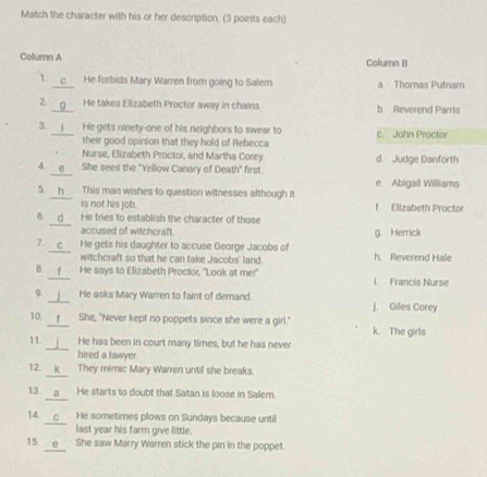 Match the character with his or her description. (3 points each)
Column A Column B
1 c He forbids Mary Warren from going to Salem. a. Thomas Putnam
2 He takes Elizabeth Proctor away in chains b Reverend Parris
3. He gets ninety-one of his neighbors to swear to c. John Proctor
their good opinion that they hold of Rebecca
Nurse, Elizabeth Proctor, and Martha Corey d. Judge Danforth
4. e She sees the "Yellow Canary of Death" first.
e. Abigail Williams
5 h This man wishes to question witnesses although it f Elizabeth Proctor
is not his job.
6 d He tries to establish the character of those
accused of witchcraft. g. Herrick
7. __c . He gets his daughter to accuse George Jacobs of h. Reverend Hale
witchcraft so that he can take Jacobs' land
B. f He says to Elizabeth Proctor, "Look at me!" i. Francis Nurse
9. He asks Mary Warren to faint of demand. J. Giles Corey
10. She, "Never kept no poppets since she were a girl." k. The girls
11. He has been in court many times, but he has never
hired a lawyer.
12 k They mimic Mary Warren until she breaks.
13. a He starts to doubt that Satan is loose in Sallem.
14. He sometimes plows on Sundays because until
last year his farm give little.
15. She saw Marry Warren stick the pin in the poppet.