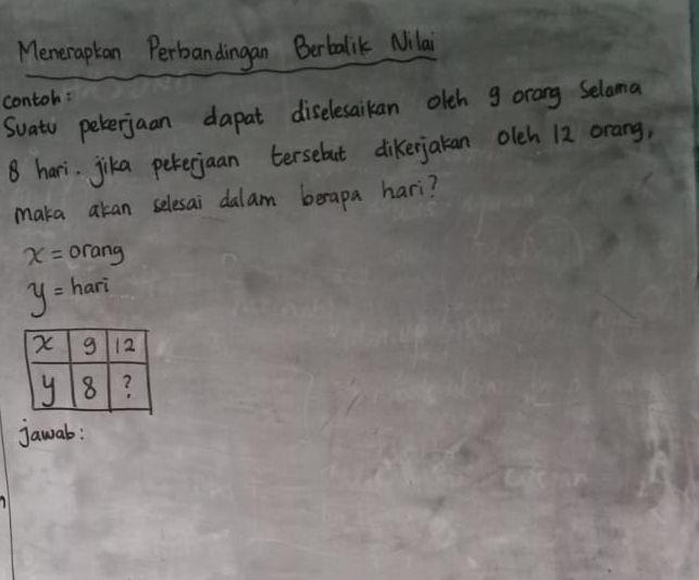 Meneraptan Perbandingan Berbalik Nilai 
contoh: 
Suatu peterjaan dapat diselesaikan olch 9 orang Selama
8 hari. jika pererjaan tersebut dikerjakan oleh 12 orang, 
maka akan selesai dalam berapa hari?
x= orang
y= hari 
jawab: