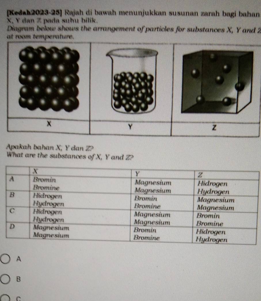 [Kedah2023-25] Rajah di bawah menunjukkan susunan zarah bagi bahan
X, Y dan Z pada suhu bilik.
Diagram below shows the arrangement of particles for substances X, Y and 2
at room temperature.
×
Y
z
Apakah bahan X, Y dan Z?
What are the substances of X, Y and Z?
A
B
C