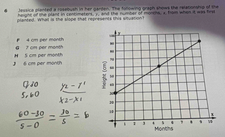 Jessica planted a rosebush in her garden. The following graph shows the relationship of the
height of the plant in centimeters, y, and the number of months, x, from when it was first
planted. What is the slope that represents this situation?
F 4 cm per month
G 7 cm per month
H 5 cm per month
J 6 cm per month