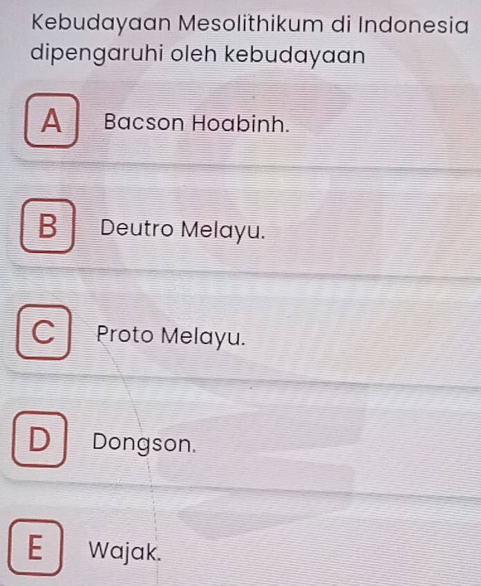 Kebudayaan Mesolithikum di Indonesia
dipengaruhi oleh kebudayaan
A Bacson Hoabinh.
B Deutro Melayu.
C Proto Melayu.
D Dongson.
E Wajak.